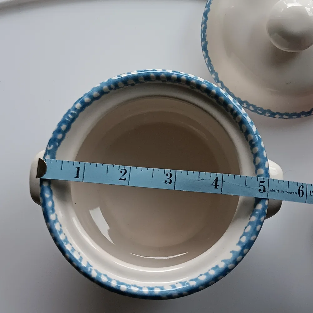 Vintage Corelle Blue Hearts Ceramic Crock with Lid Individual Blue White Sponge